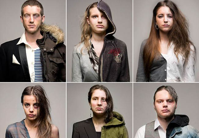 London-based photographer Roman Sakovich produced this project Half while he was studying photography at the Arts University College at Bournemouth. He photographed subjects in the studio using make-up in order to explore the outsiders superficial judgement of the same person before and after drug abuse. After which, he combined the before and after images into one in order to make the change more visible.